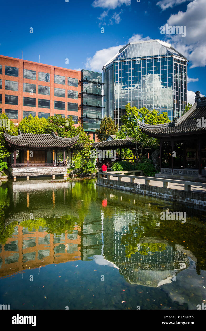 Skyscraper reflecting in a pond at the Lan Su Chinese Garden, in Portland, Oregon. Stock Photo