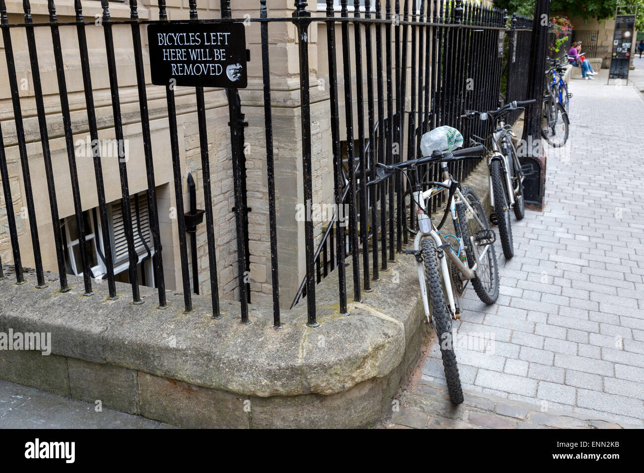UK, England, Oxford.  Bicycles and Bicycle No Parking Sign. Stock Photo