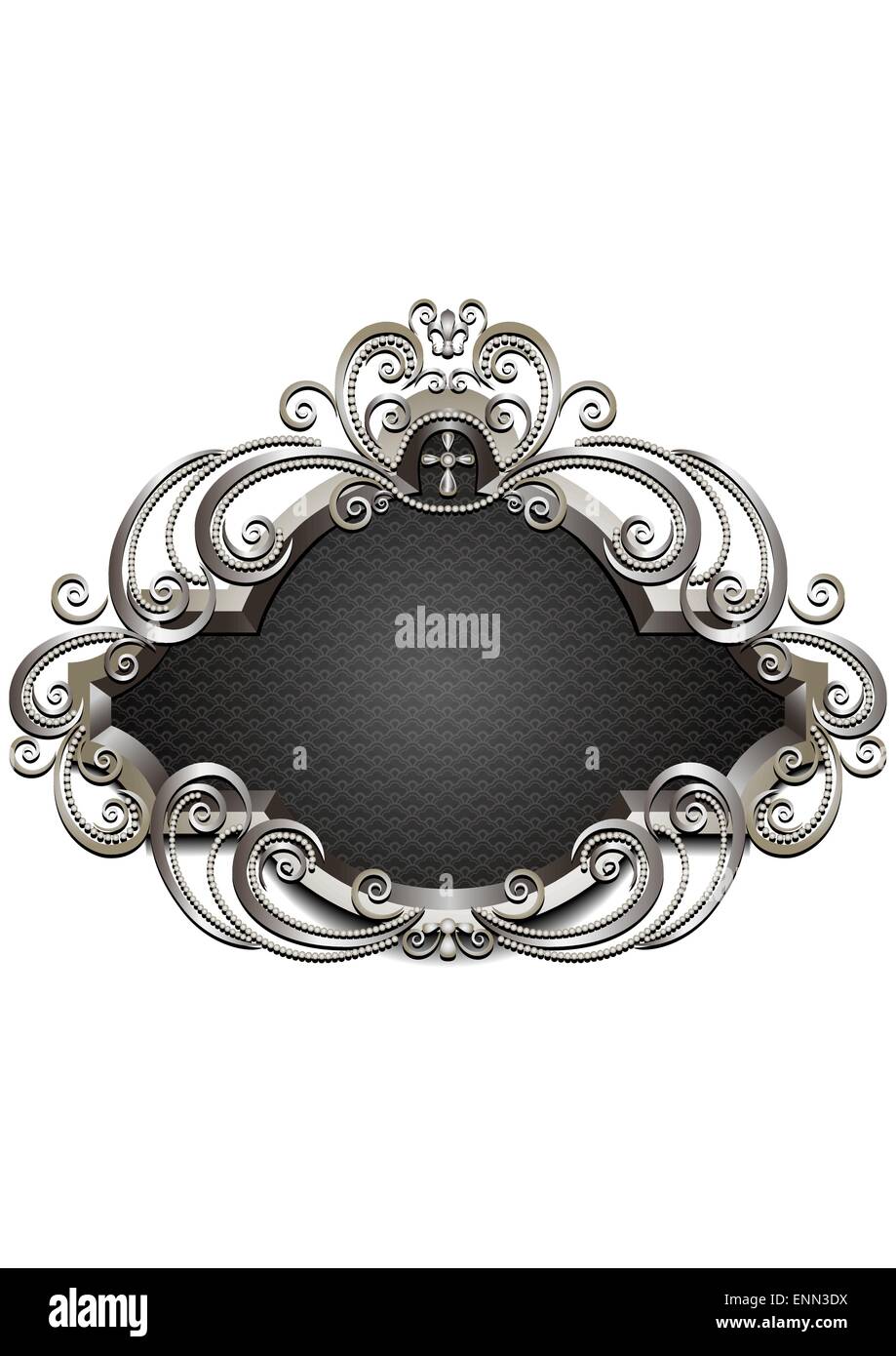 Silver frame with heraldry and decor of beads and twisted curves Stock