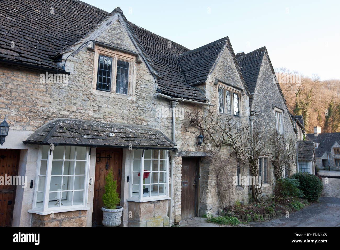 Pretty quaint village of Castle Combe, Wiltshire,England. Steven Spielberg used village as setting for movie War Horse. Stock Photo