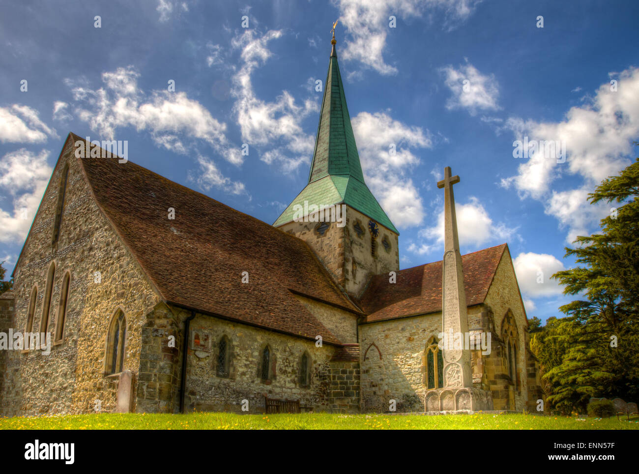 English rural church with spire, South Harting, sussex Stock Photo