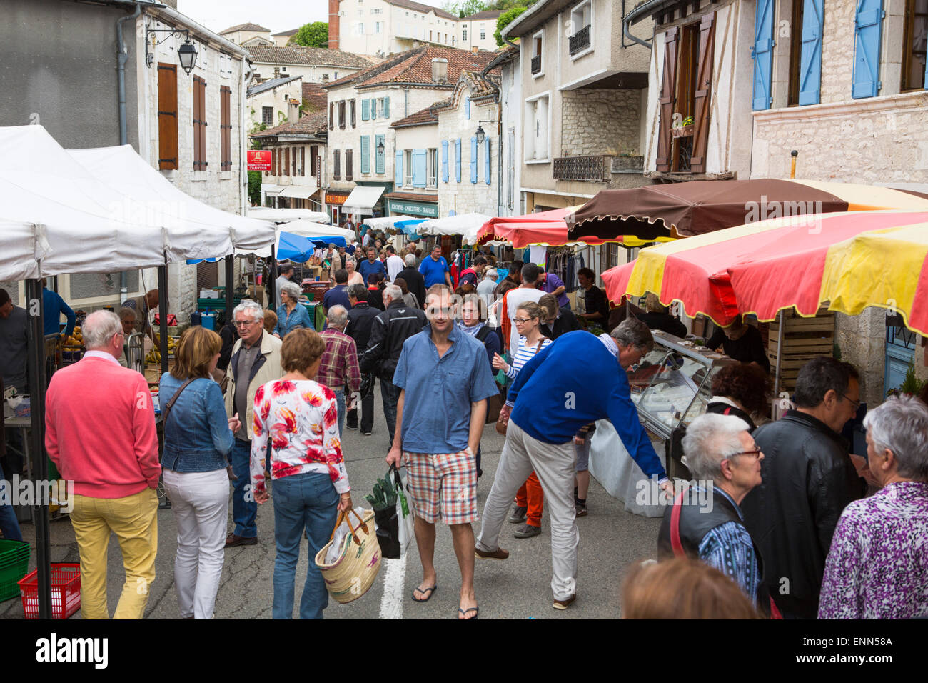 View at the sunday market of Montcuq with a lot of local culinary food products in France Stock Photo