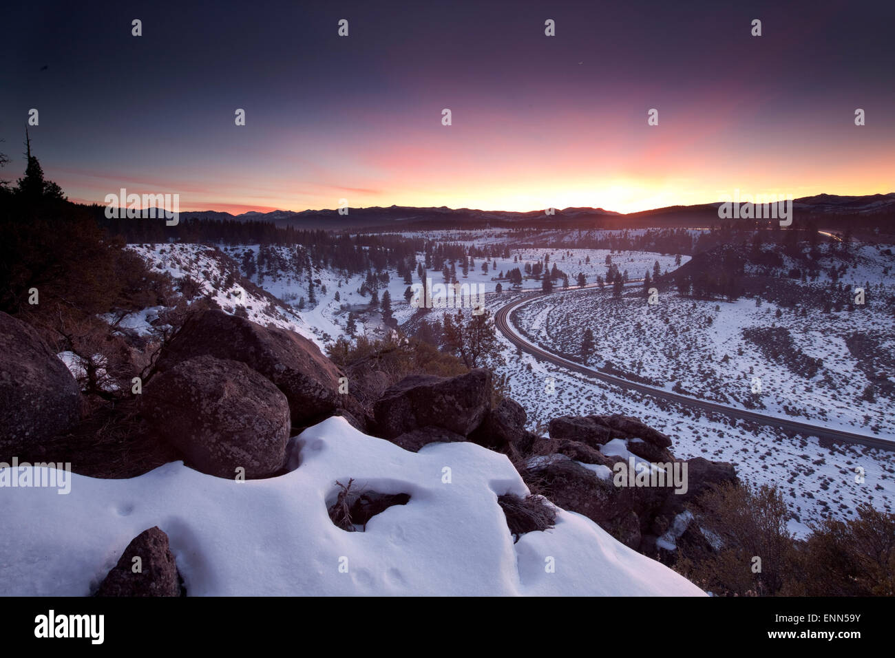 Glenshire sunset at the Union Pacific railroad, Truckee Stock Photo