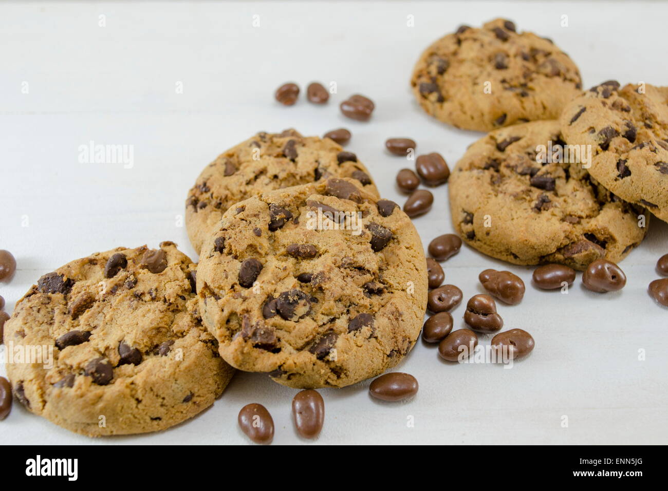 Chocolate chip cookies on white Stock Photo