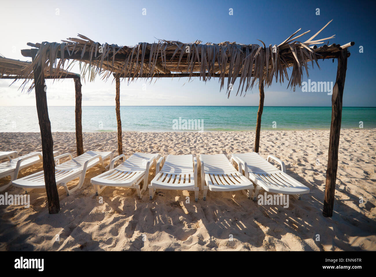 A palm leaf roof structure covers several beach chairs facing the ocean on Playa La Jaula beach, Cayo Coco, Cuba. Stock Photo