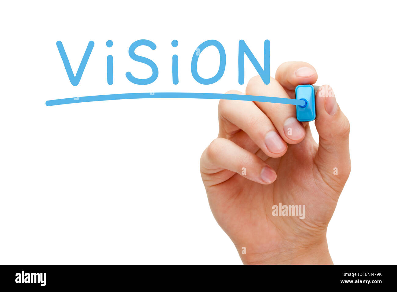 Hand writing Vision with blue marker on transparent wipe board isolated on white. Stock Photo