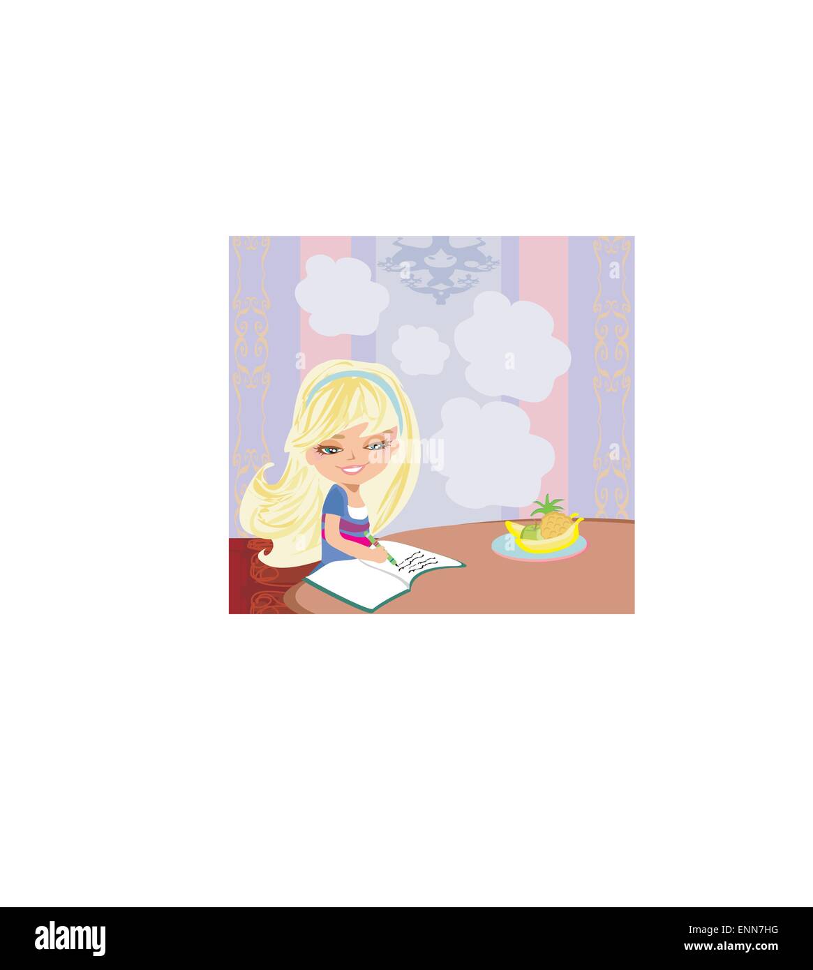 illustration of girl doing homework Stock Vector