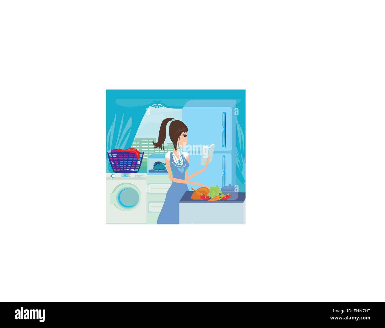 beautiful housewife cooking vegetables with cookbook in the kitc Stock Vector
