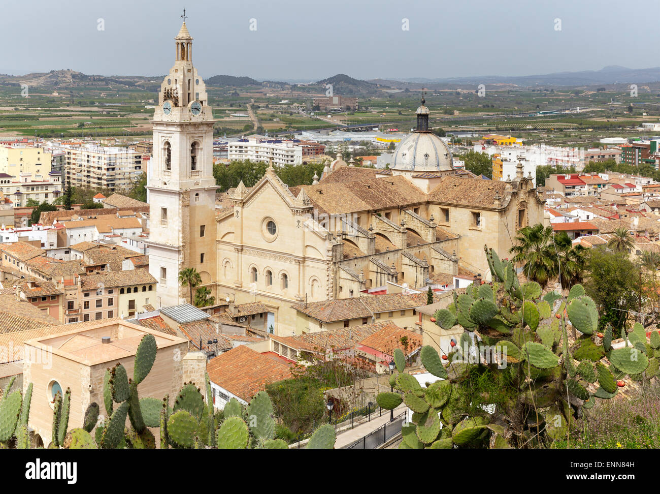 view over city with the Collegiate Basilica of Santa Maria (Iglesia Colegial Basilica de Santa Maria) La Seu, Xativa, Valencia, Stock Photo