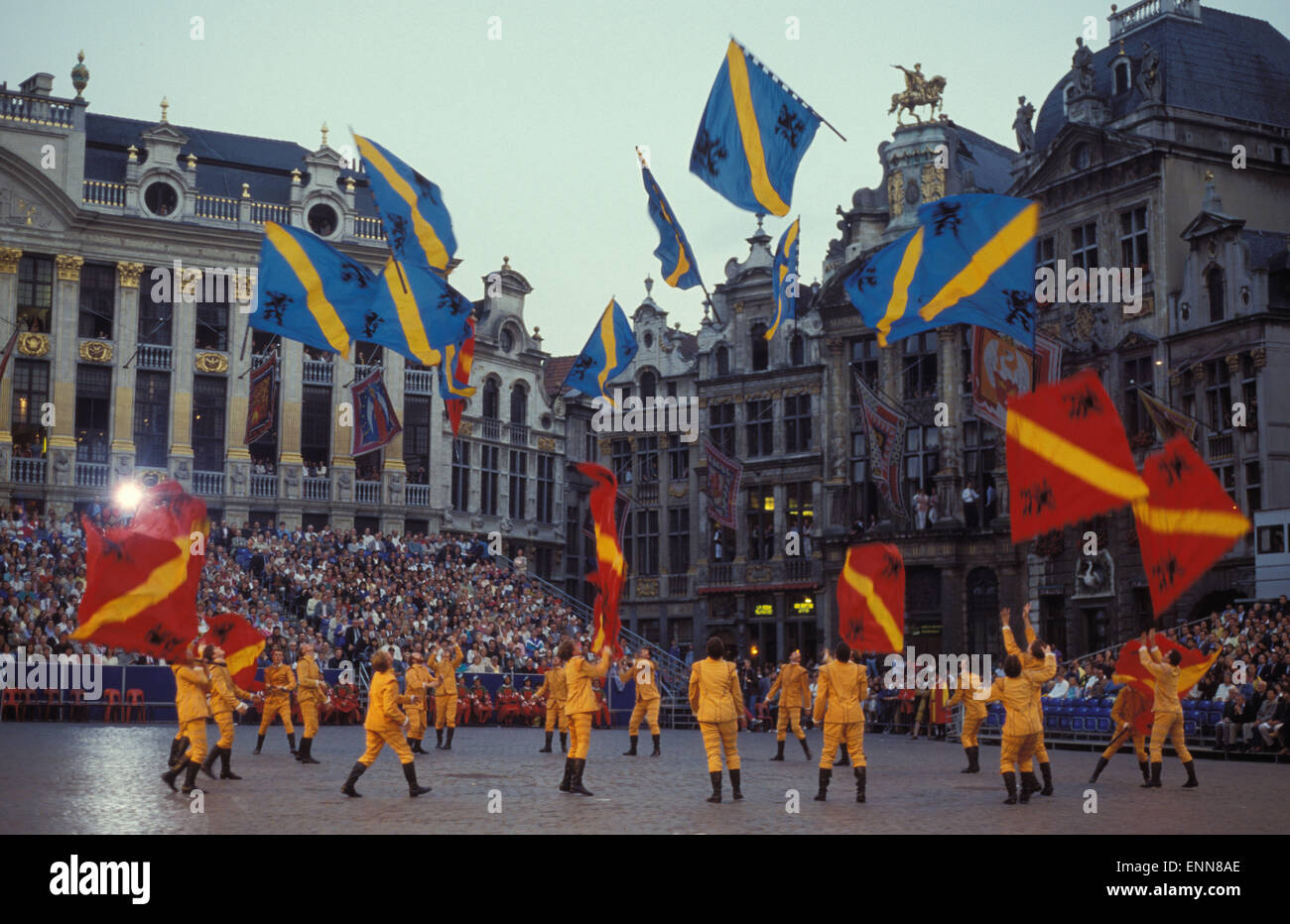 Europe, Belgium, Brussels, participants of the Ommegang festival at the Grand Place, flag-waver [The Ommegang was originally est Stock Photo