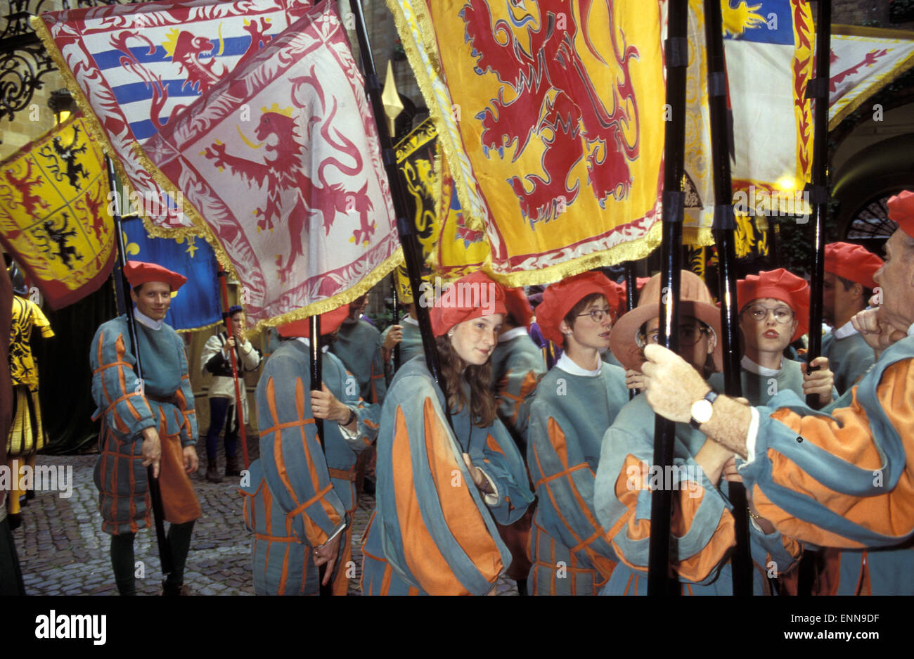 Europe, Belgium, Brussels, participants of the Ommegang festival at the Grand Place [The Ommegang was originally established to  Stock Photo