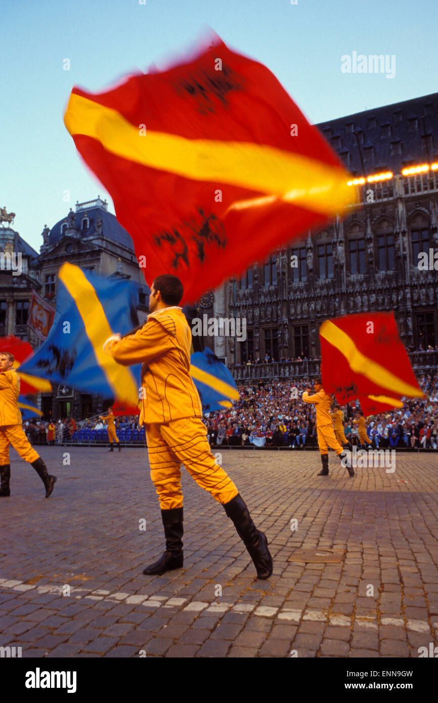 Europe, Belgium, Brussels, participants of the Ommegang festival at the Grand Place, flag-waver [The Ommegang was originally est Stock Photo