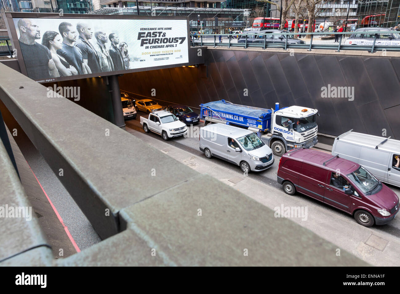City traffic congestion. Unintentional ironic advertising above a traffic jam on Euston Road, London, England, UK Stock Photo
