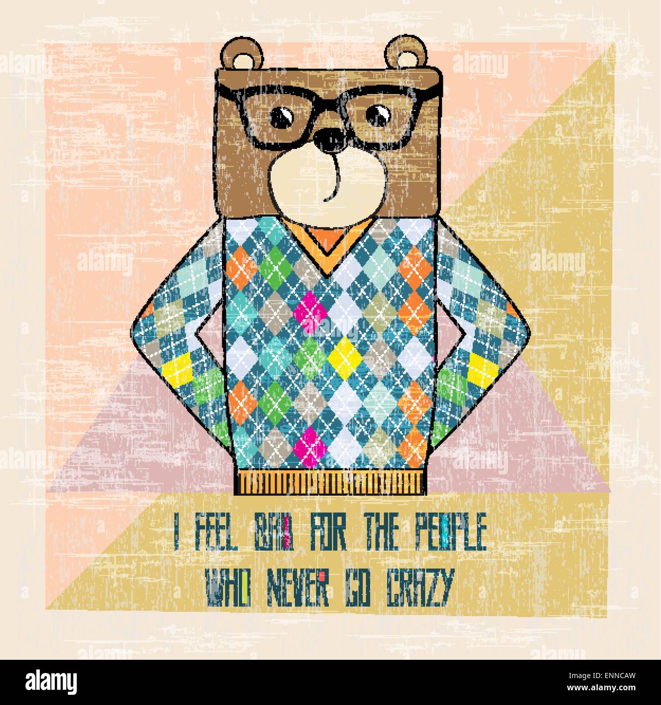 cool bear hipster, hand draw illustration Stock Vector