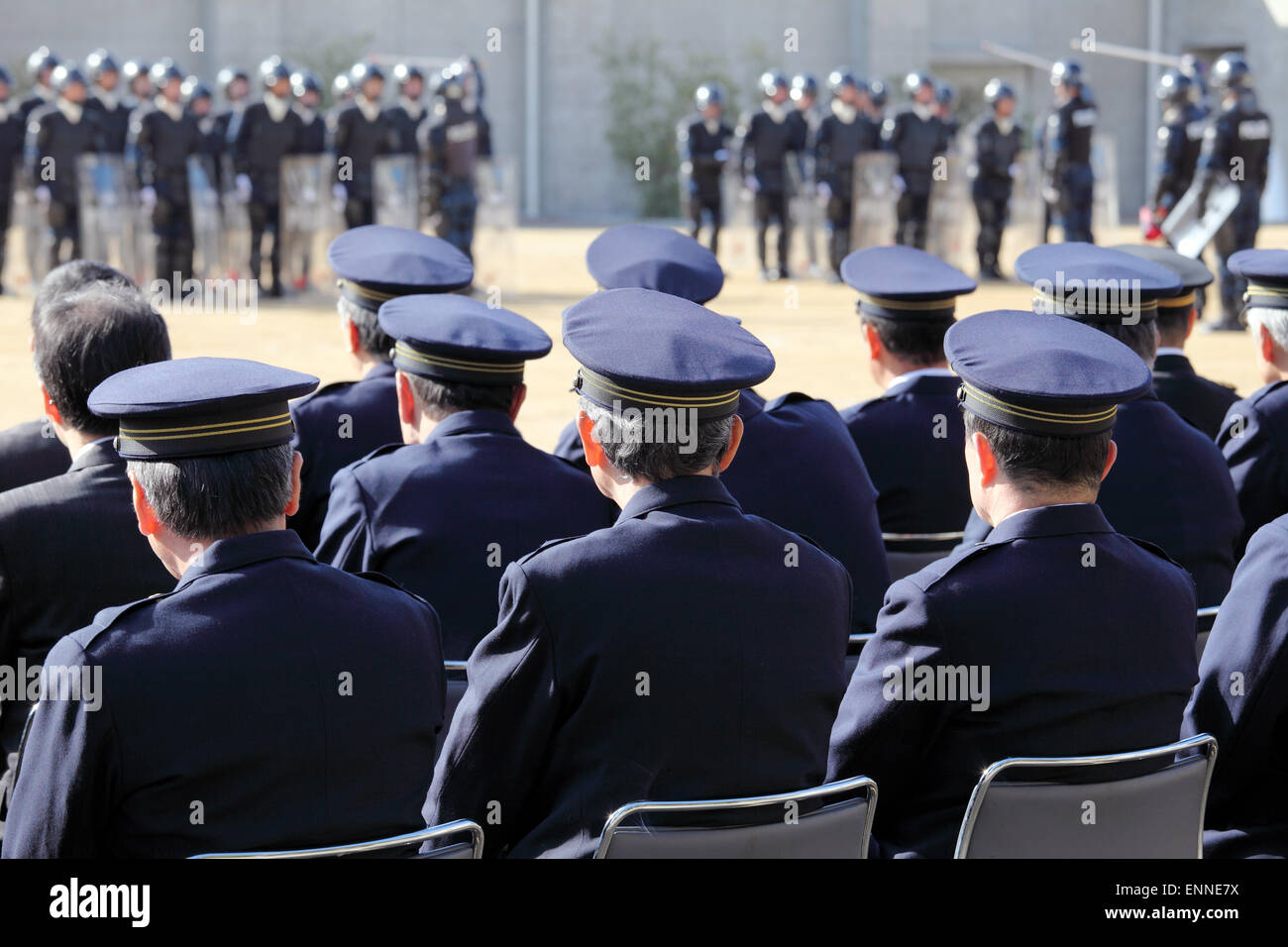 Back view of Japanese police officers, Sietusiki ceremony Stock Photo
