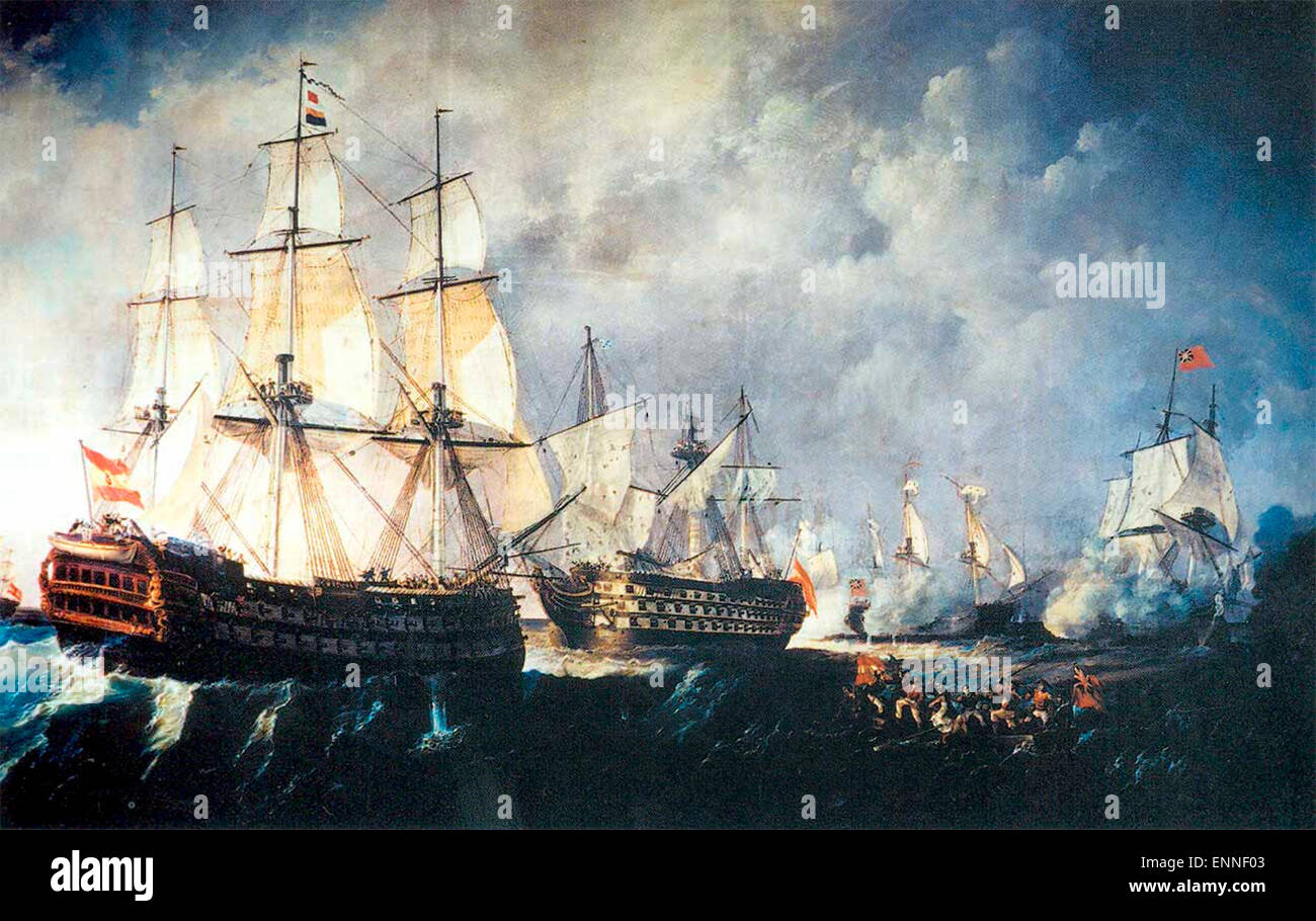 Rescue ship of the line Santisima Trinidad ( center) for the ship Infante Don Pelayo (left ) in the battle of Cape St. Vincent in 1797 , painted by Antonio de Brugada Vila Stock Photo