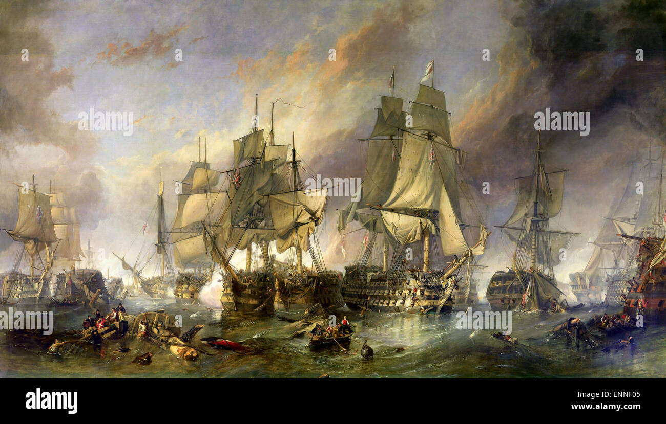 The Battle of Trafalgar, painted 1836 . The damaged Redoutable caught between the Victory (foreground) and the Temeraire (seen bow on). The Fougueux, coming up on Temeraire 's starboard side, has just received a broadside. Stock Photo