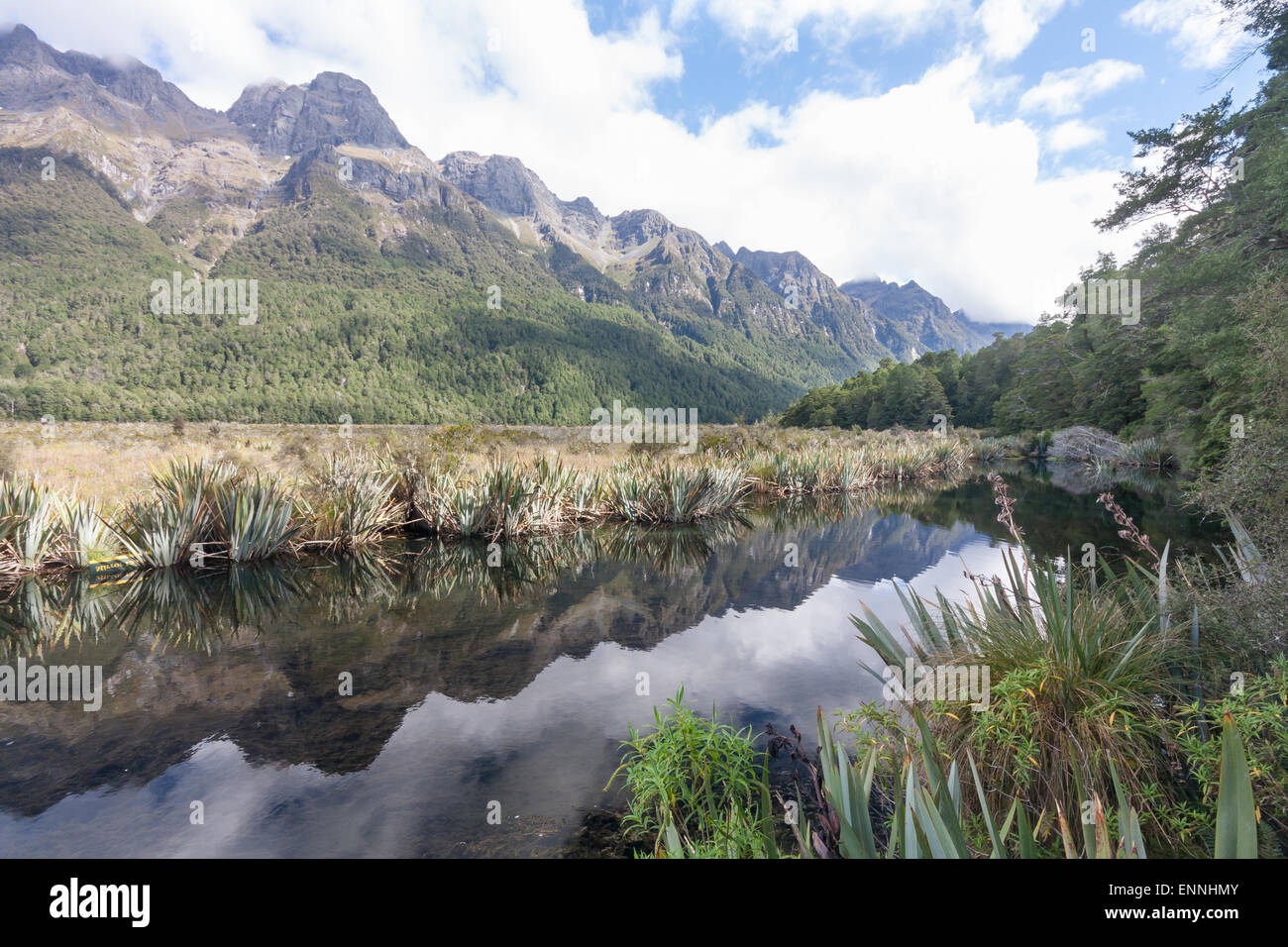 Mirror lakes on the road between Ter Arnau and Milford Sound, Southland, New Zealand Stock Photo