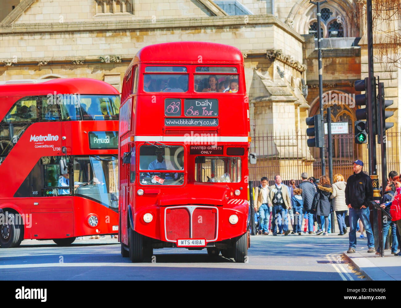 LONDON - APRIL 12: Iconic red double decker bus on April 12, 2015 in London, UK. Stock Photo