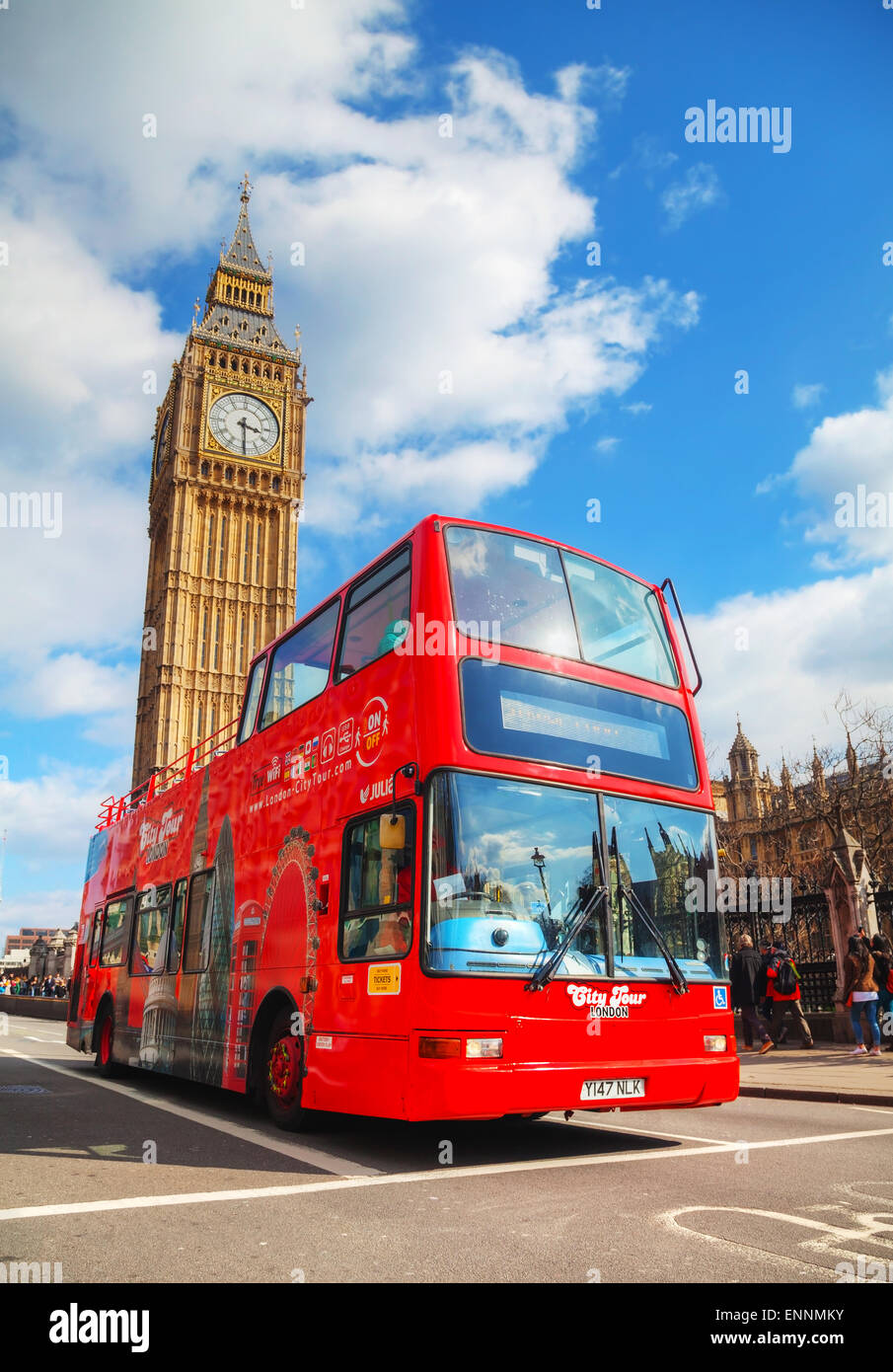 LONDON - APRIL 5: Iconic red double decker bus on April 5, 2015 in London, UK. The London Bus is one of London's principal icons Stock Photo