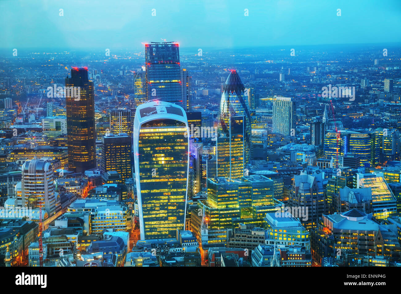 Aerial overview of the City of London financial ddistrict at night Stock Photo
