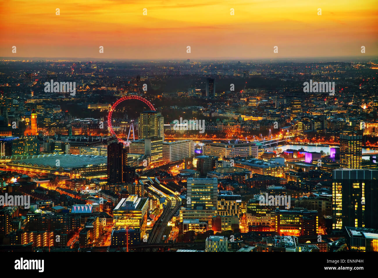 Aerial overview of London city at the sunset time Stock Photo