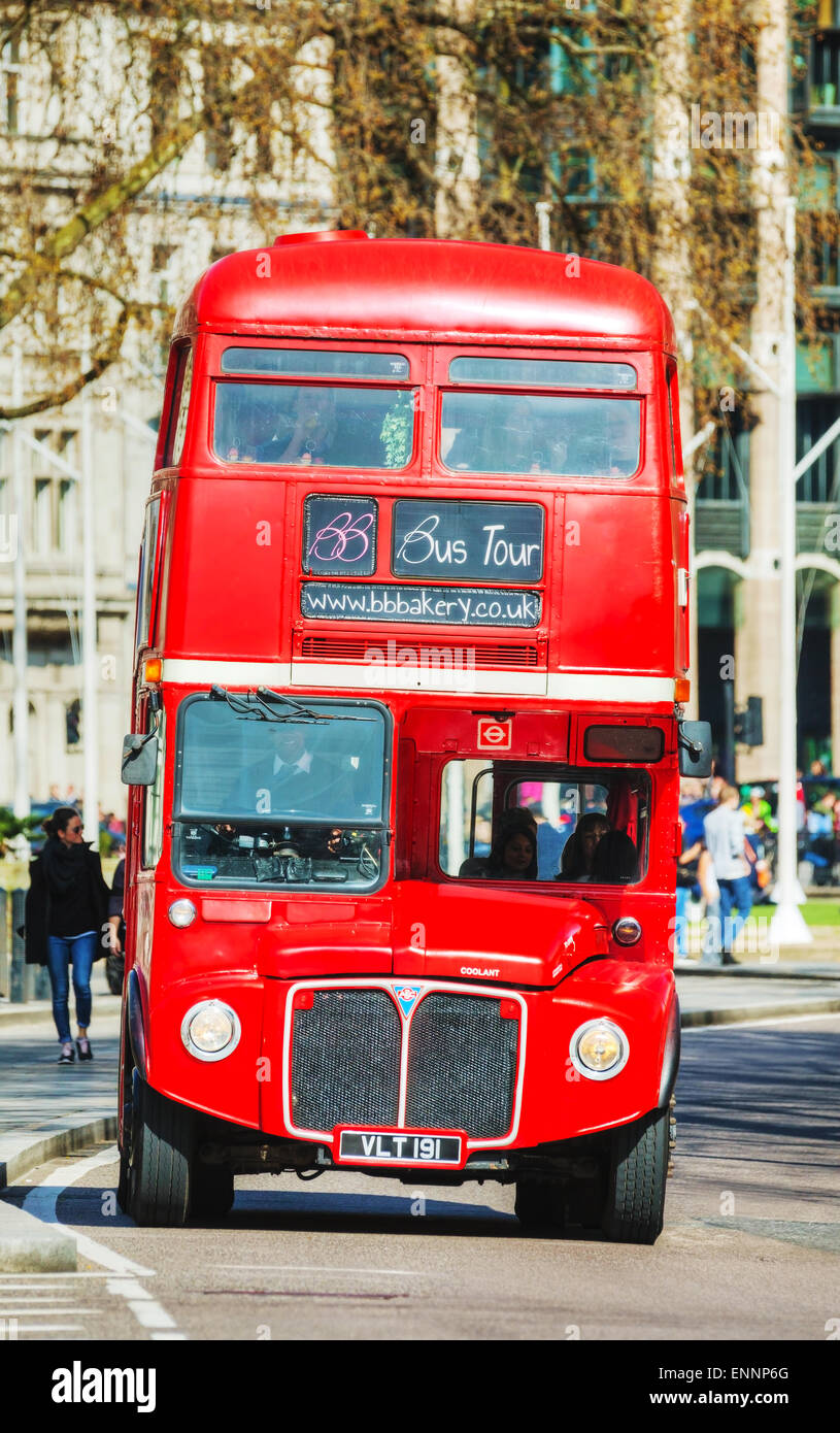 LONDON - APRIL 12: Iconic red double decker bus on April 12, 2015 in London, UK. Stock Photo