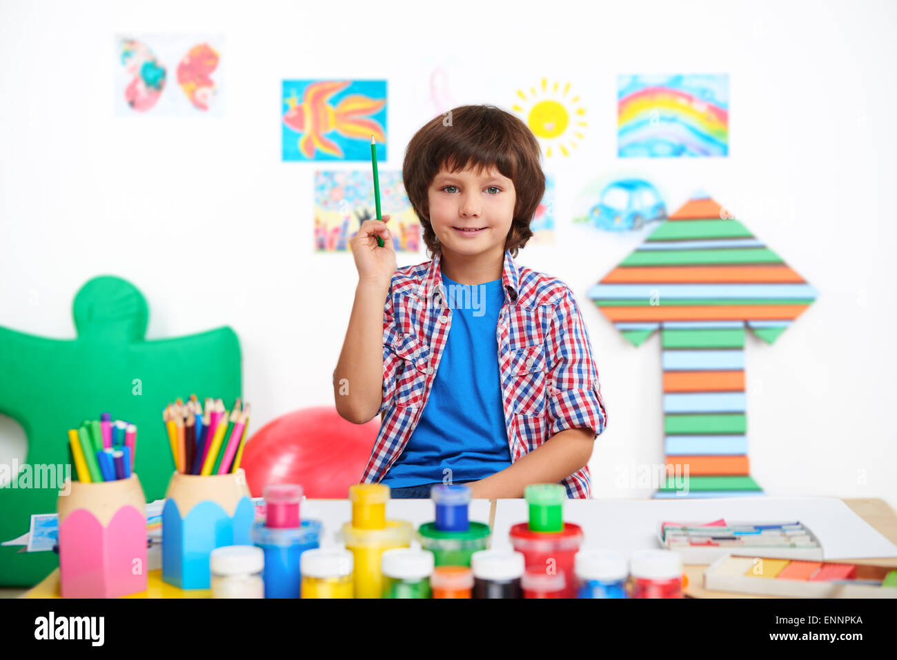 Happy little boy is in preschool center for children Stock Photo