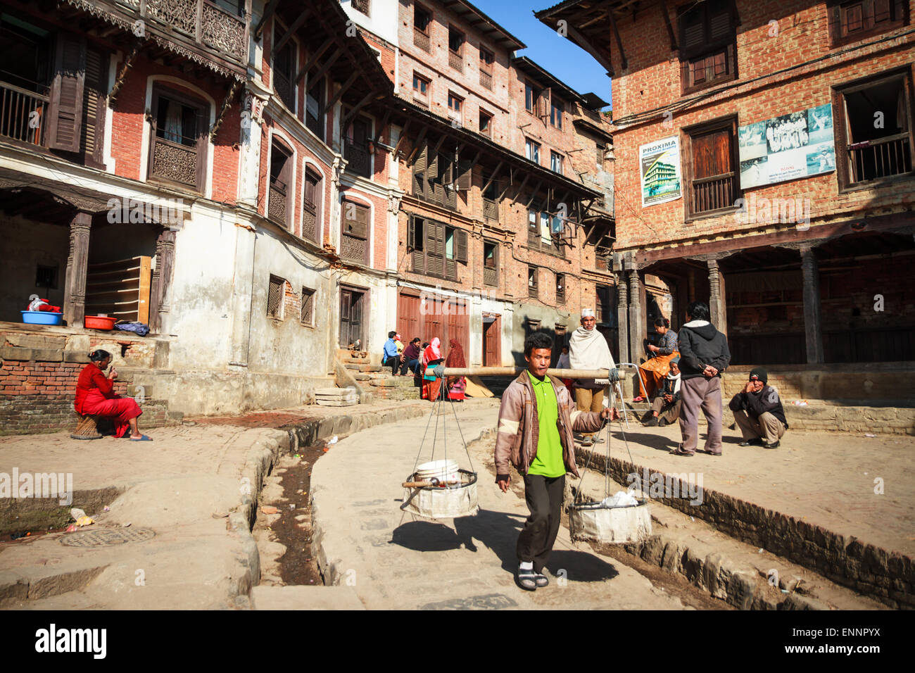 Typical street scene in the historic city of Bhaktapur, Nepal Stock Photo