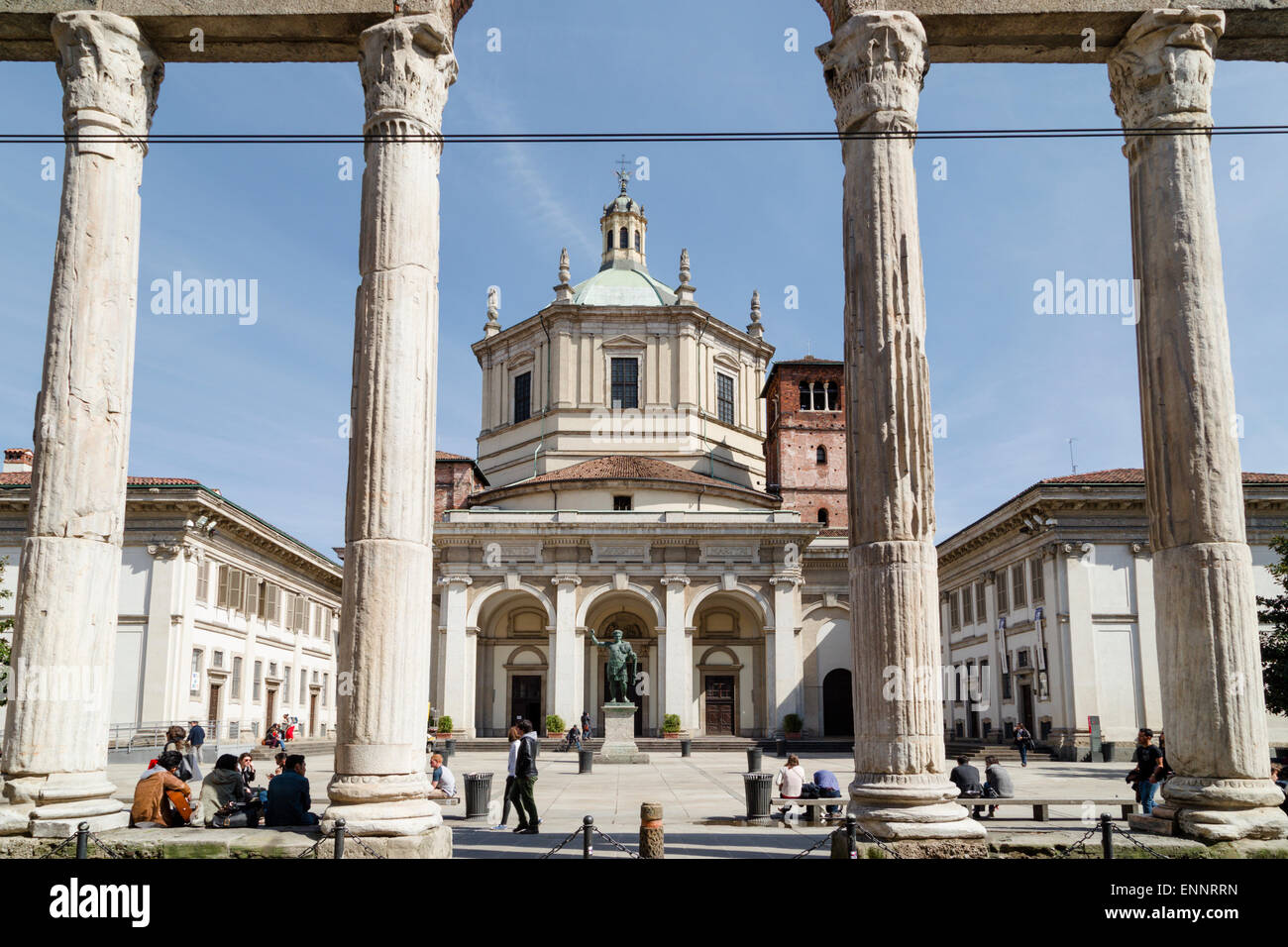The early Christian church of San Lorenzo in Milan framed by ancient