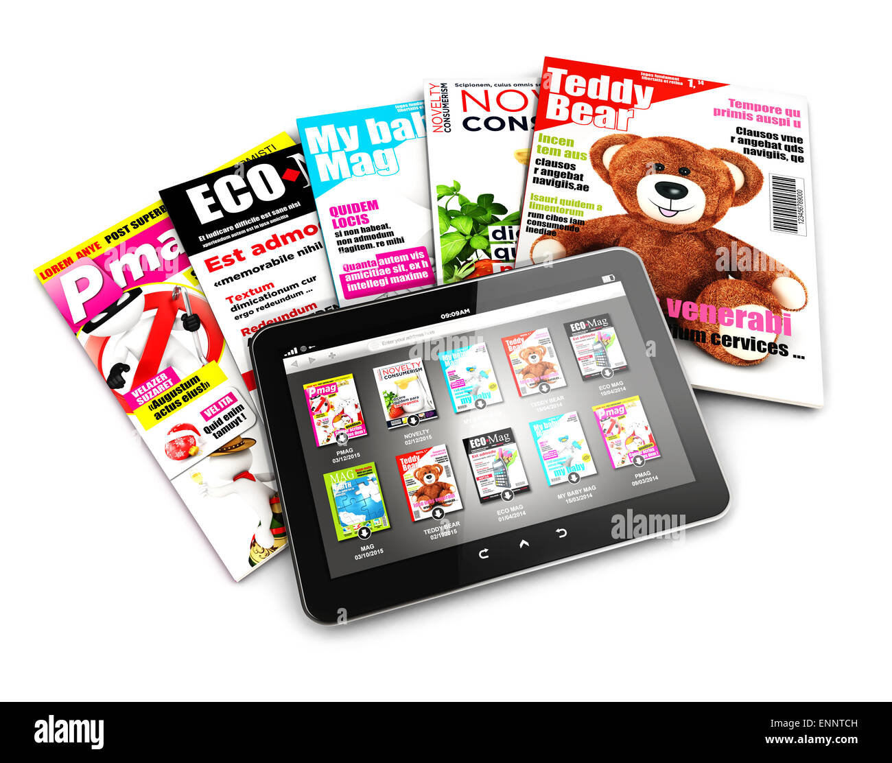 3d stack of magazines and tablet, isolated white background, 3d image Stock Photo