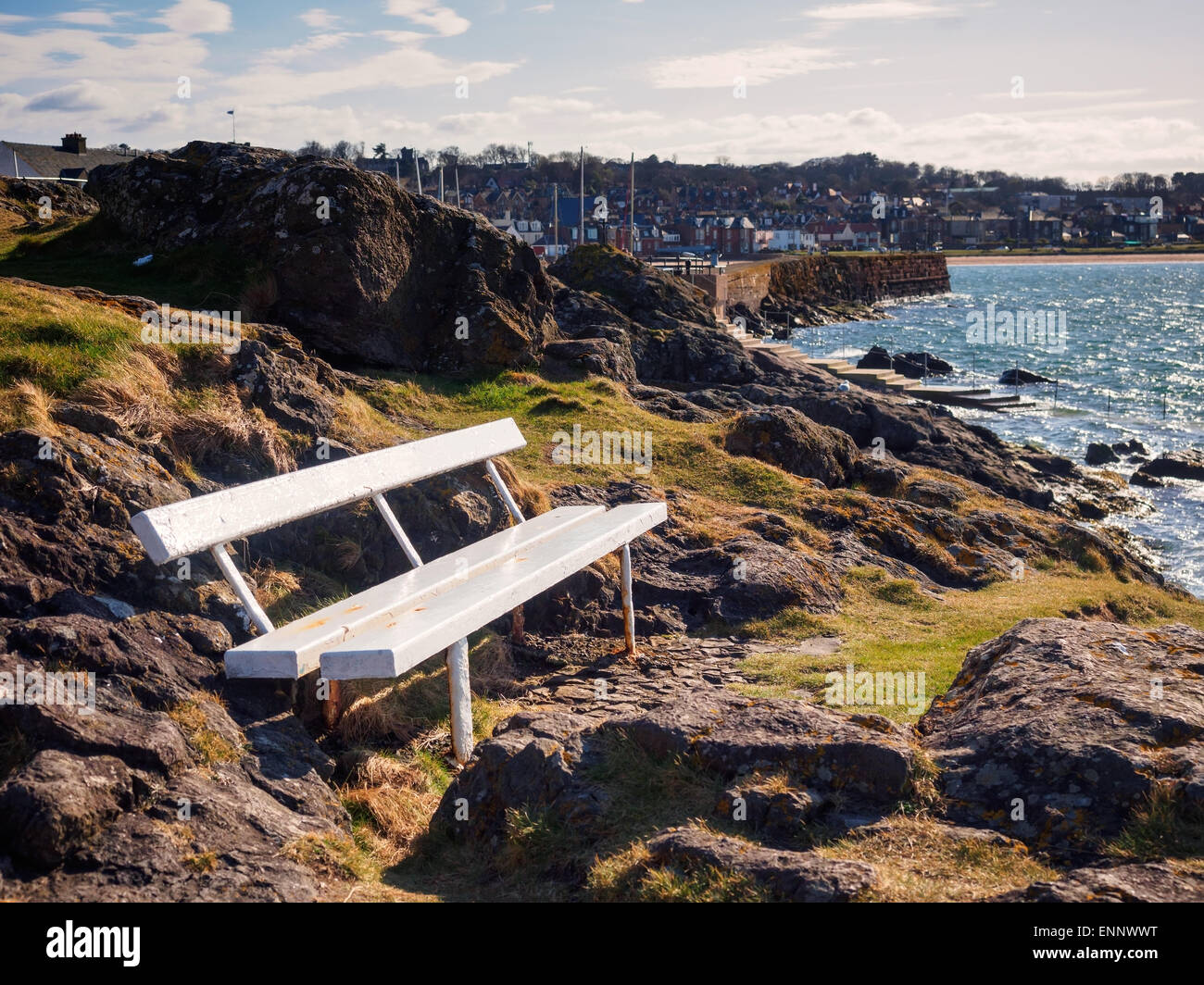 Sea coast harbour seat north berwick scotland hires stock photography