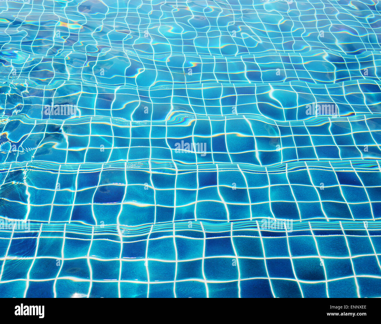 Blue ceramic wall tiles and details of surface on swimming pool background Stock Photo