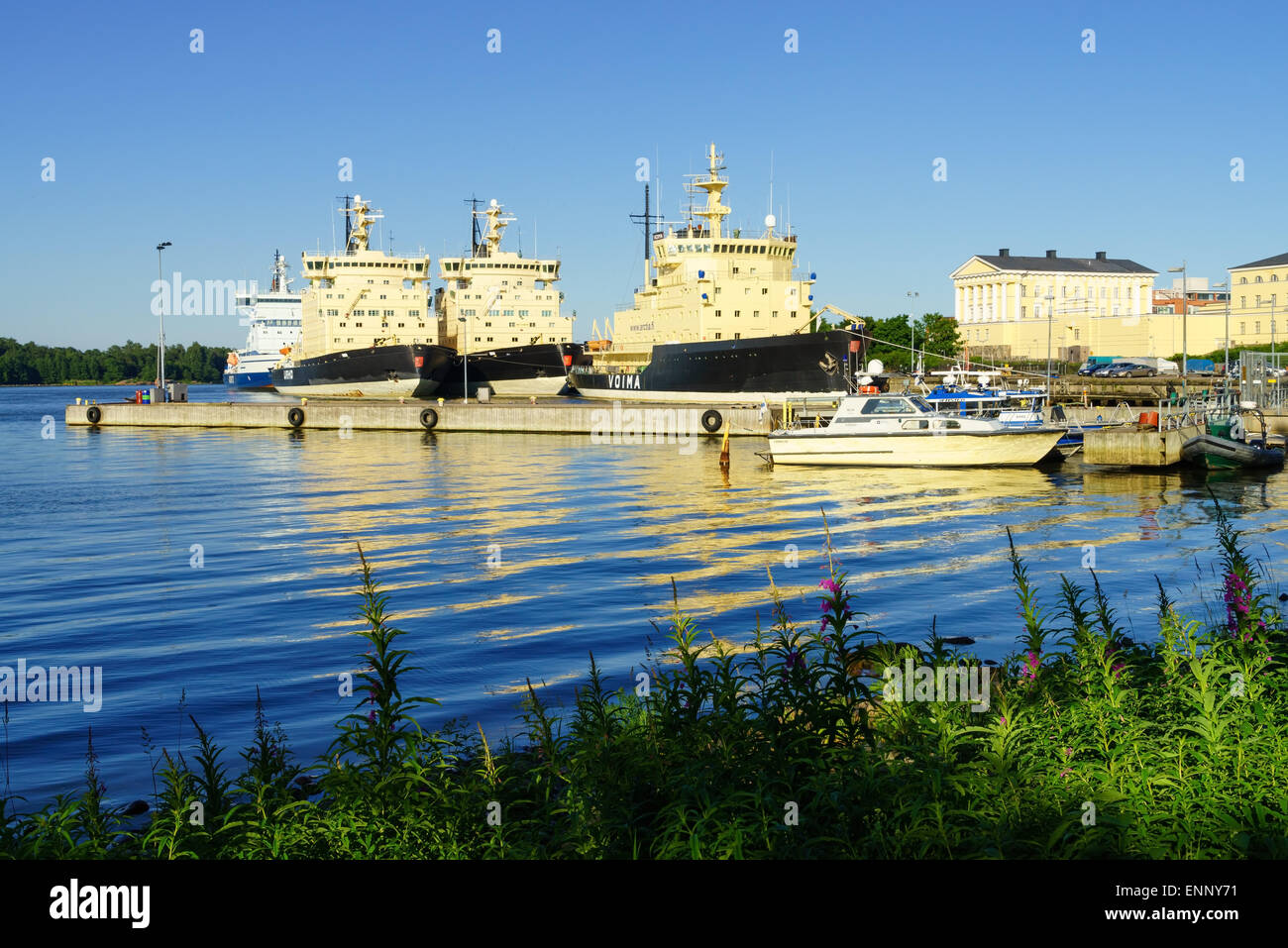 Large ice breaker ships moored in Helsinki harbour in the summer, Finland. Stock Photo
