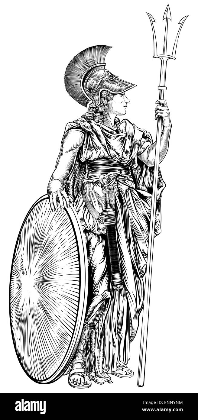 An illustration of the mythological Greek Goddess Athena holding a trident spear and shield Stock Photo