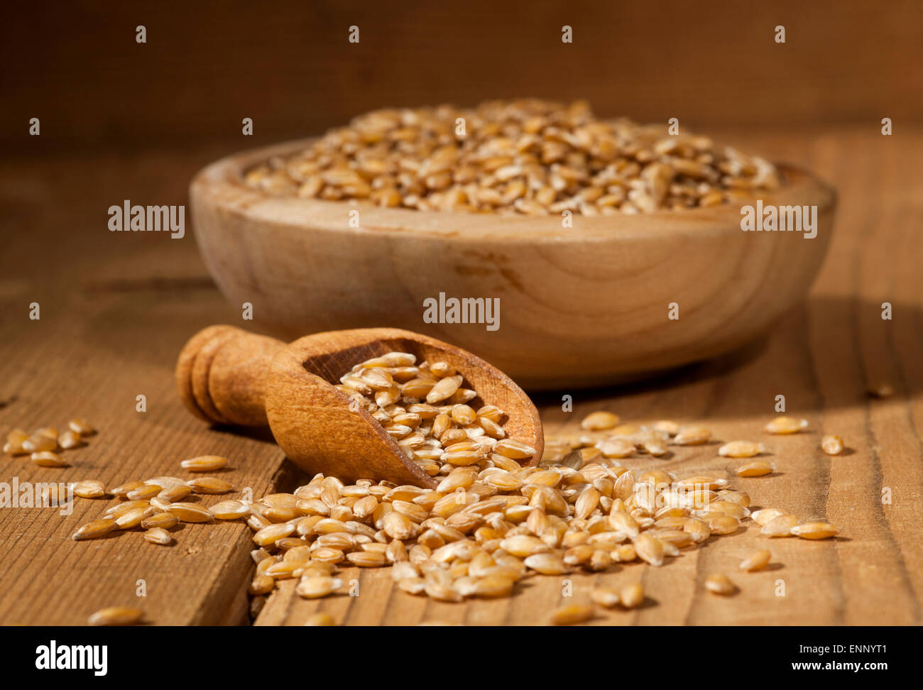Spelt in a wooden bowl and spoon on a wooden background. Stock Photo