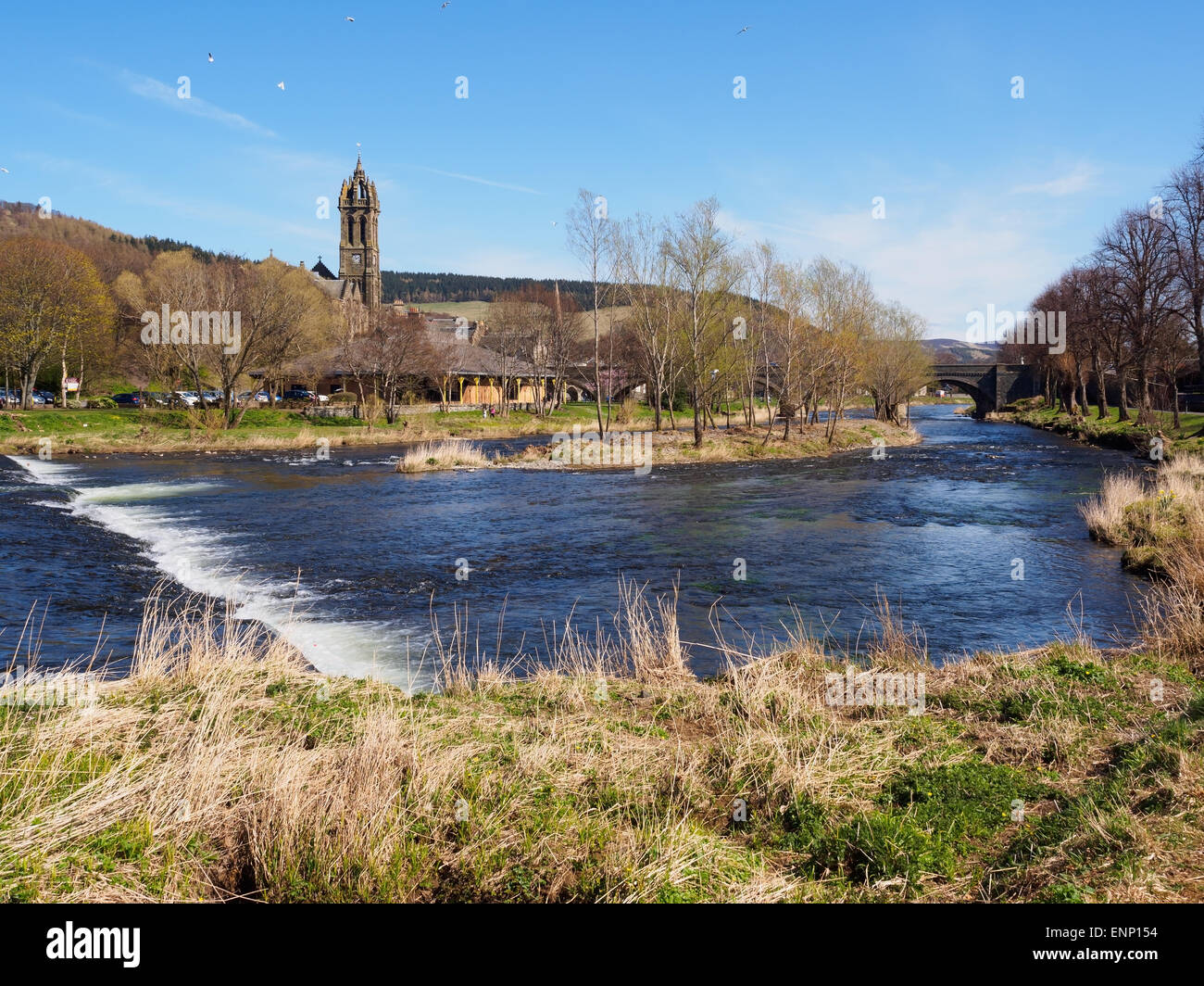 The town of Peebles in the Scottish Borders, and the River Tweed. Stock Photo