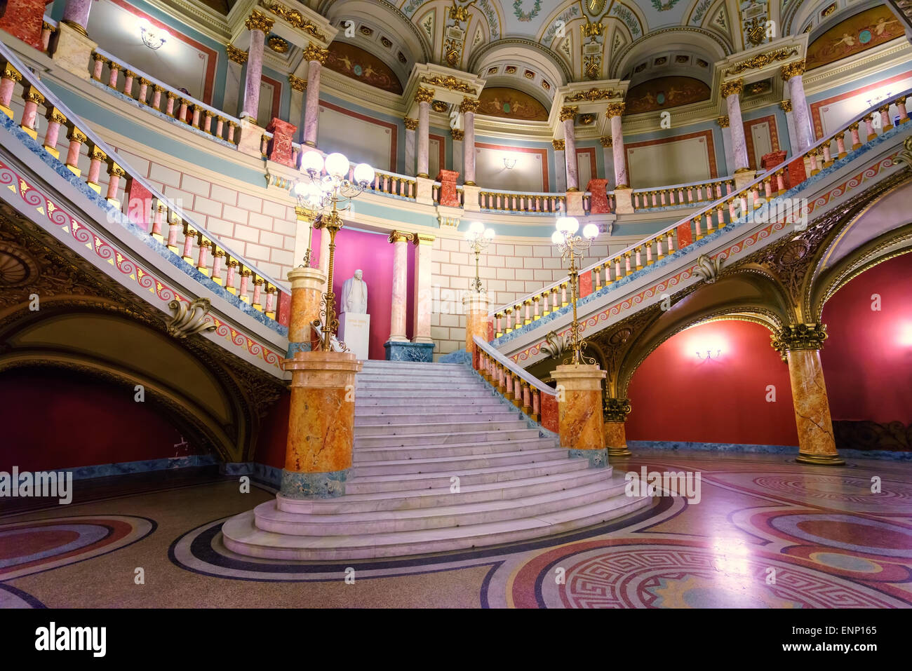 The main staircase in the Romanian Athenaeum (Ateneul Român) concert hall in Bucharest, Romania. Stock Photo