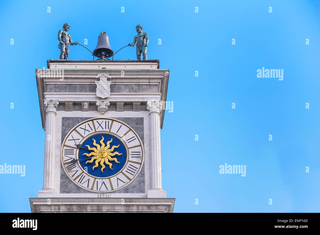 Clock tower, with bell and robots to play it Stock Photo