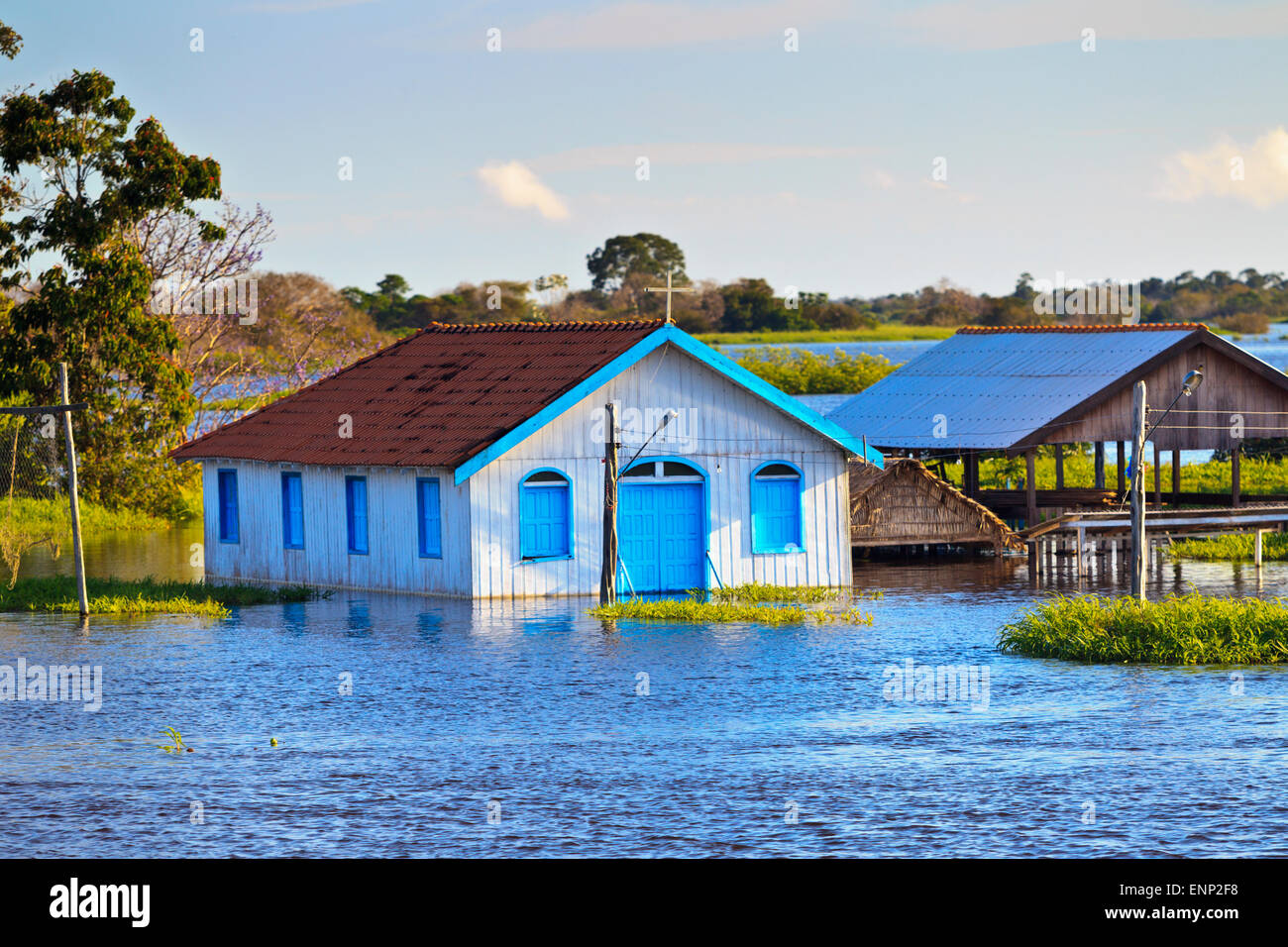 Colorful flooded church in a village on the Amazon river in Brazil Stock Photo