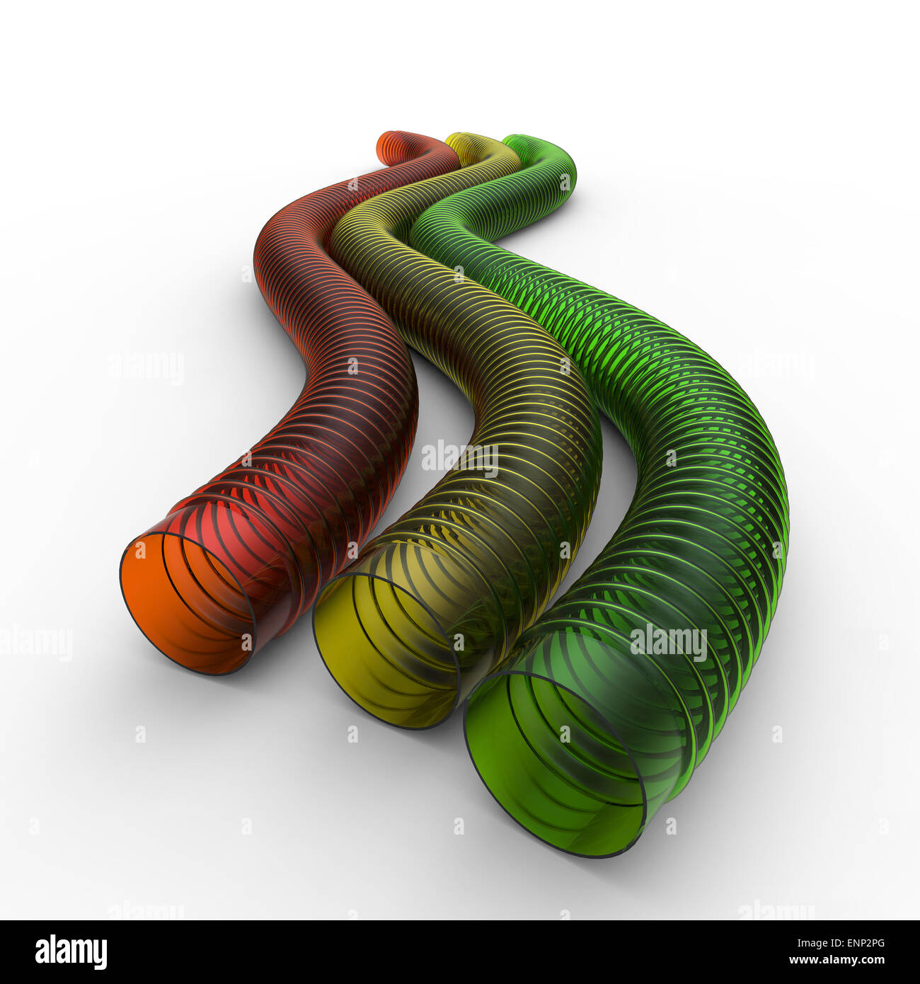 orange yellow and green transparent flexible corrugated plastic rubber hoses on a white background Stock Photo