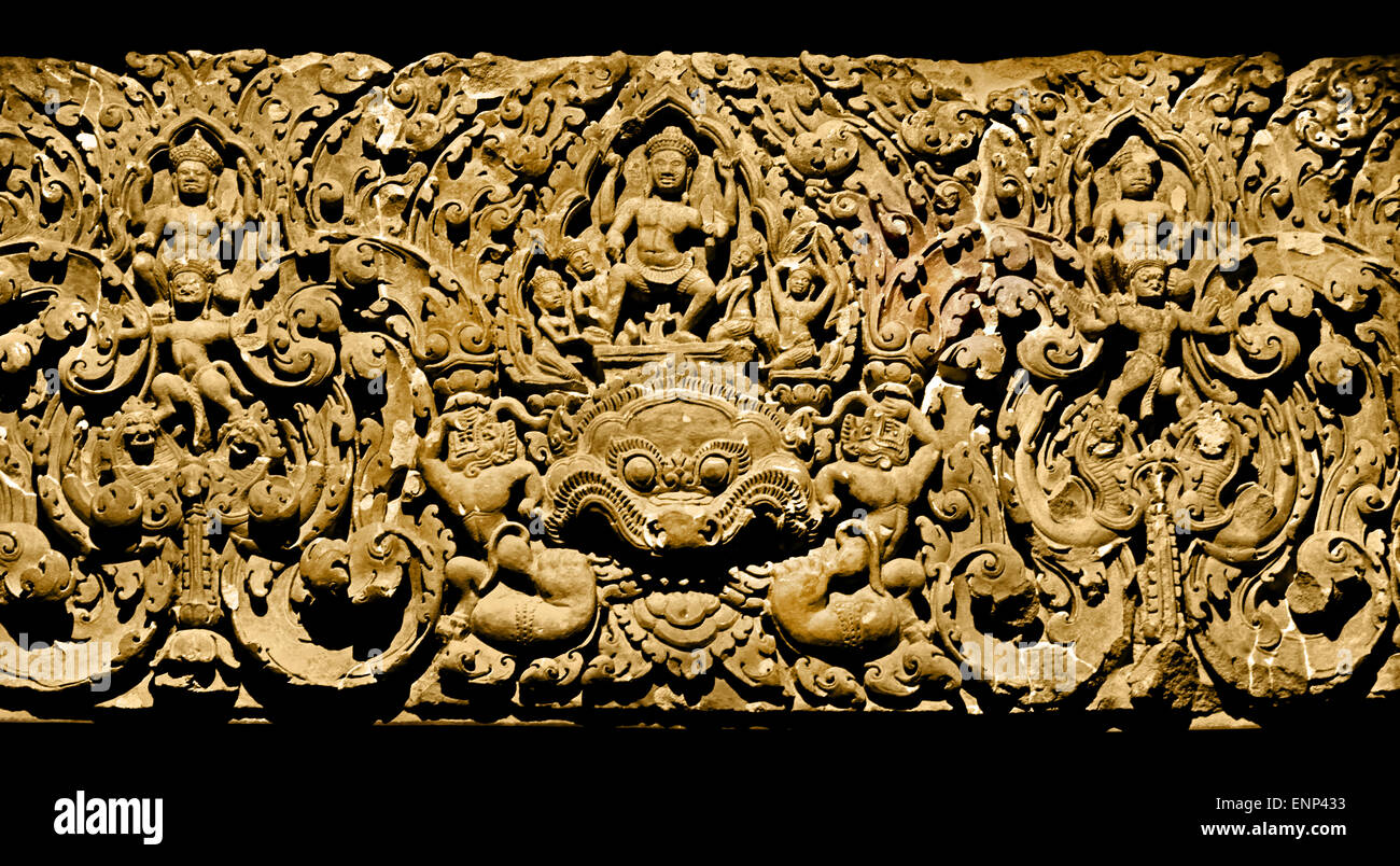 Damon Kala ( Monster Mask in the Center) lintel ) 11th Century  Angkor Wat Khmer style Cambodia Cambodian Stone Stock Photo