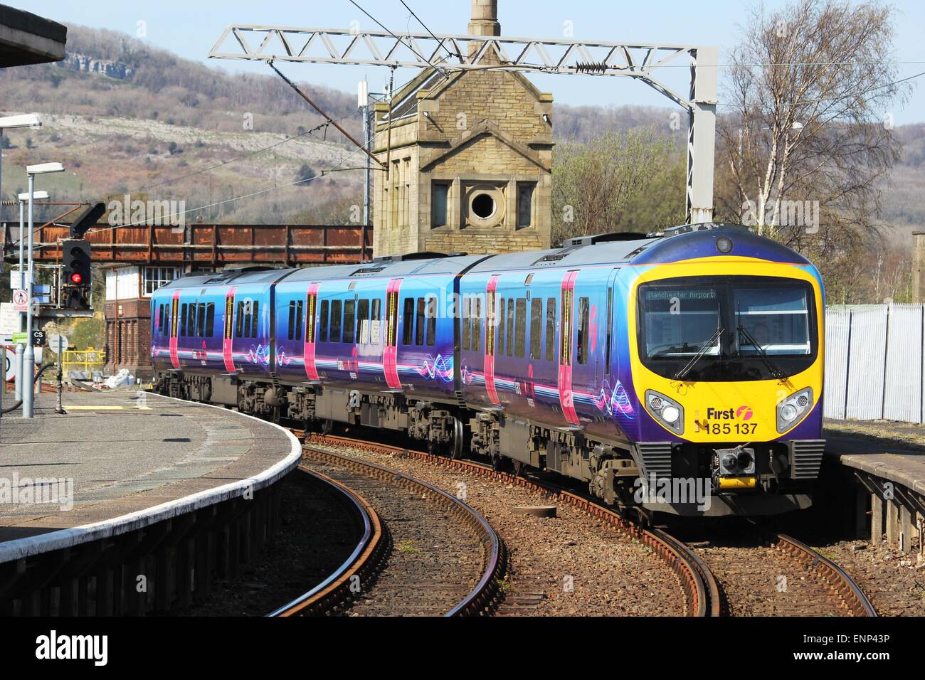 First TransPennine Express Desiro diesel multiple unit train arriving at Carnforth station, Lancashire, England. Stock Photo