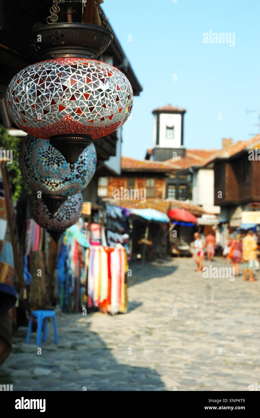 Colorful glass lamps at market of old Nesebar island, famous resort in Bulgaria Stock Photo