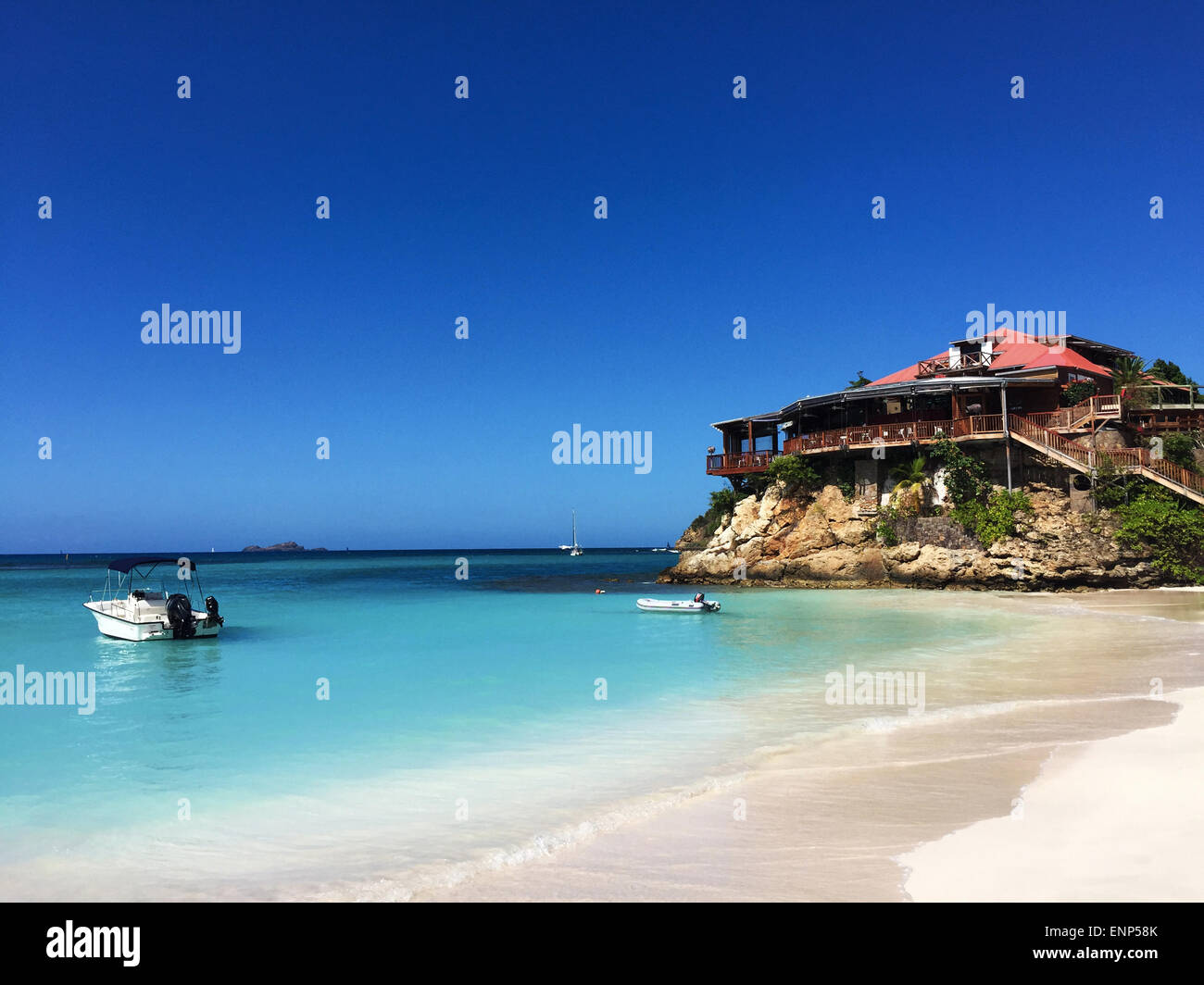 Saint-Barthélemy, French West Indies: panoramic view of the Eden Rock, the famous luxury hotel on the Caribbean Sea at the Saint Jean beach and bay Stock Photo