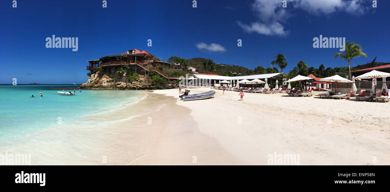 Saint-Barthélemy, French West Indies: panoramic view of the Eden Rock, the famous luxury hotel on the Caribbean Sea at the Saint Jean beach and bay Stock Photo