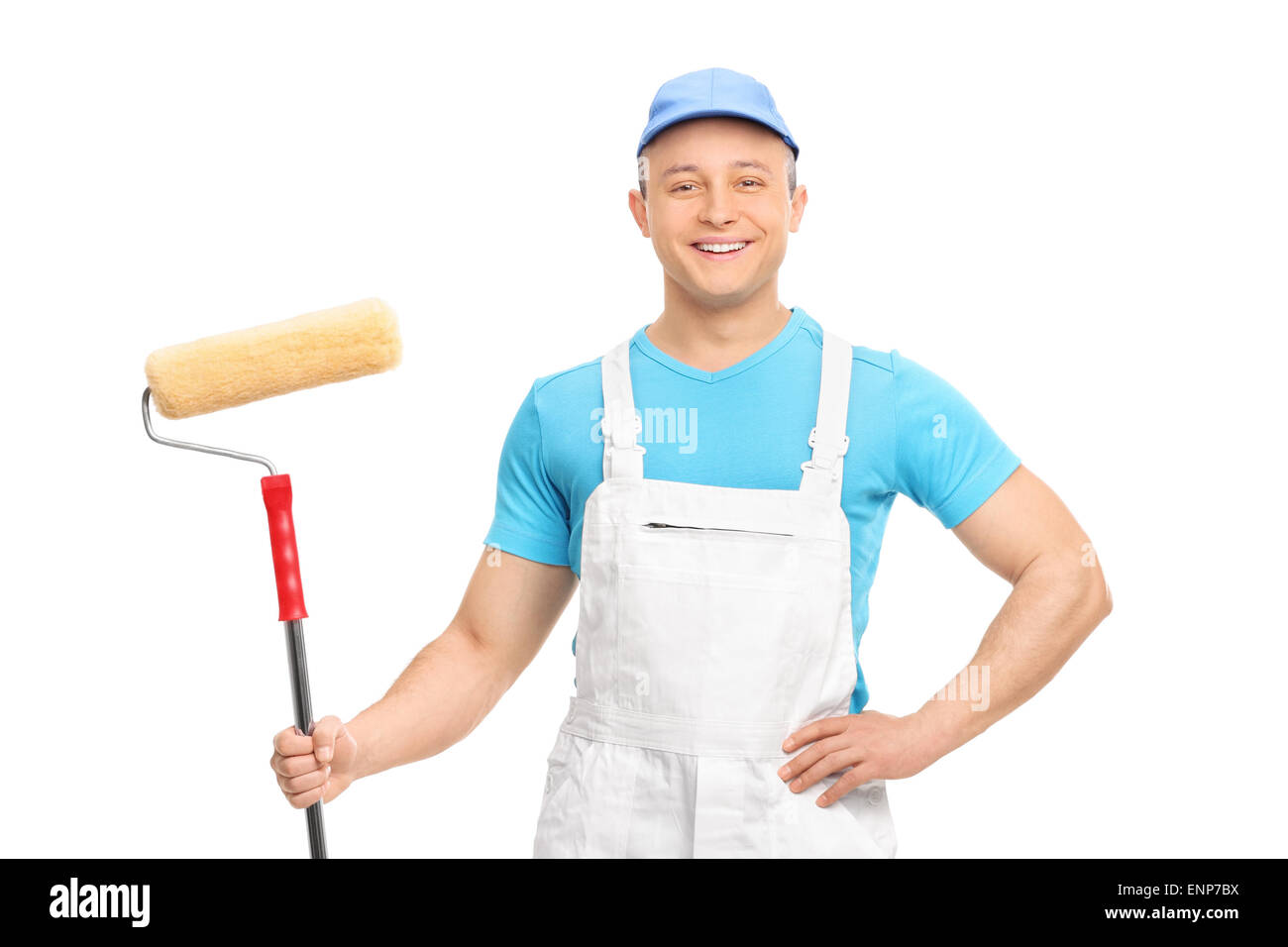 Male decorator posing with a paint roller isolated on white background Stock Photo