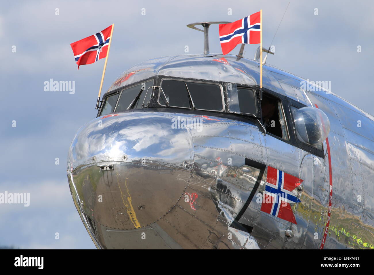 Norwegian DC-3 Dakota closeup of cockpit section. Stock Photo