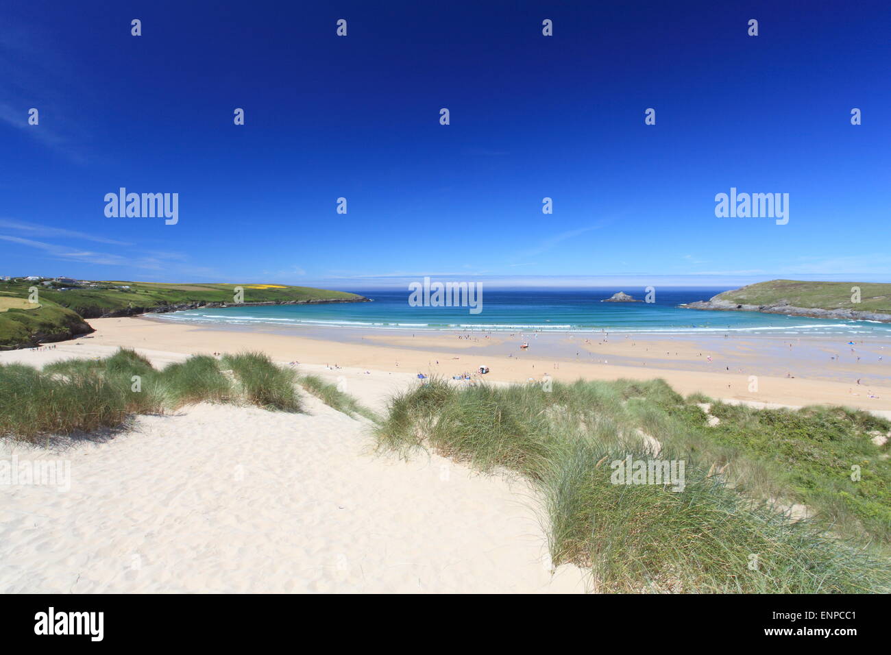 Overlooking the beach at Crantock Bay on the north coast of Cornwall in England. Stock Photo