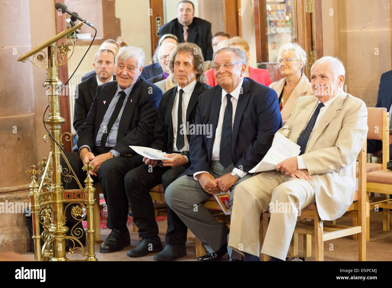 Holy Trinity Church, Chesterton, UK. 8 May 2015. Husband Colin Gregory, Stoke City, Everton and Aston Villa footballer Mike Pejic; Pete Conway, father of singer Robbie Williams and Douglas Brock at the Memorial Service for the life of Singer/Songwriter Jackie Trent. Credit:  John Henshall / Alamy Live News PER0548 Stock Photo